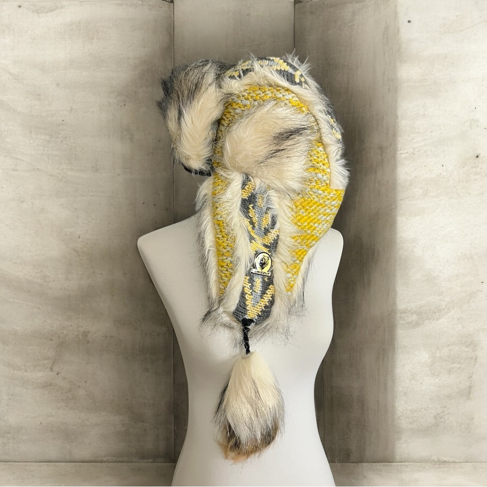 Grizzly Faux Fur Trapper Hat Yellow Gray Ivory - Picture 8 of 9